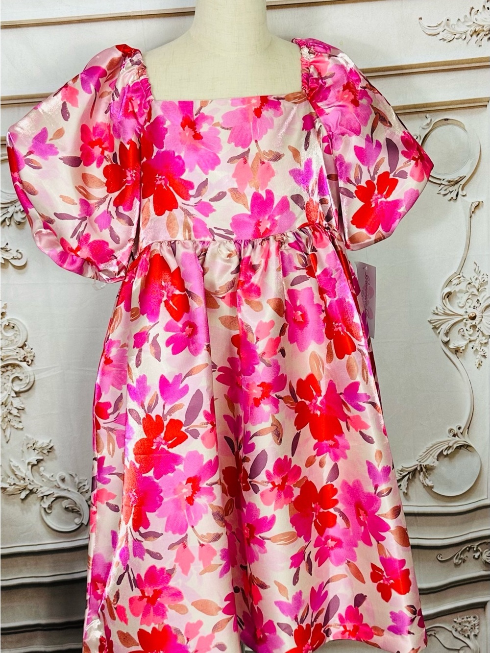 Bonnie Jean Pink & Red Floral Puff-Sleeve Dress - Picture 12 of 16